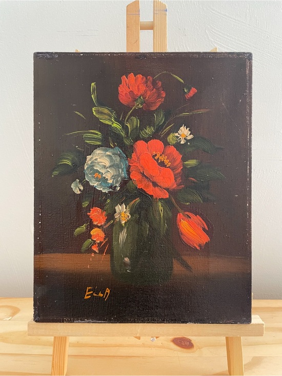 Vintage Other - Vintage Original Floral Oil Painting Dark Moody Chiaroscuro Still Life 8"x10"